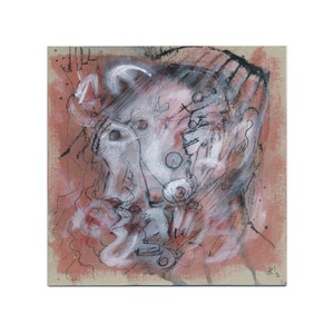 May include: Abstract portrait painting in shades of red, white, and black. The painting features a stylized face with geometric shapes and lines.
