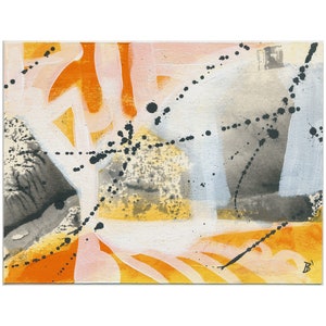 May include: Abstract painting with orange, yellow, white, and black paint. The painting has a textured surface and a variety of shapes and lines.