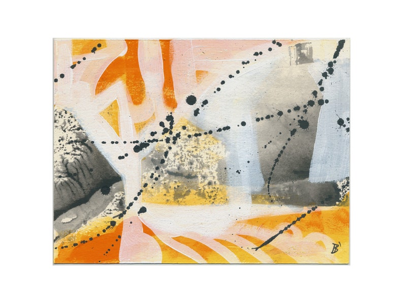 May include: Abstract painting with orange, yellow, white, and black paint. The painting has a textured surface and a variety of shapes and lines.