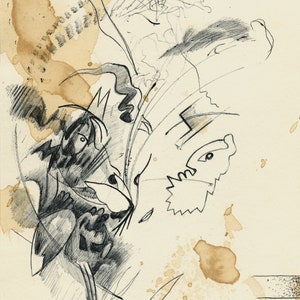 May include: A black and white pencil drawing on a cream-colored paper with brown coffee stains. The drawing features abstract shapes and lines, creating a sense of movement and energy.