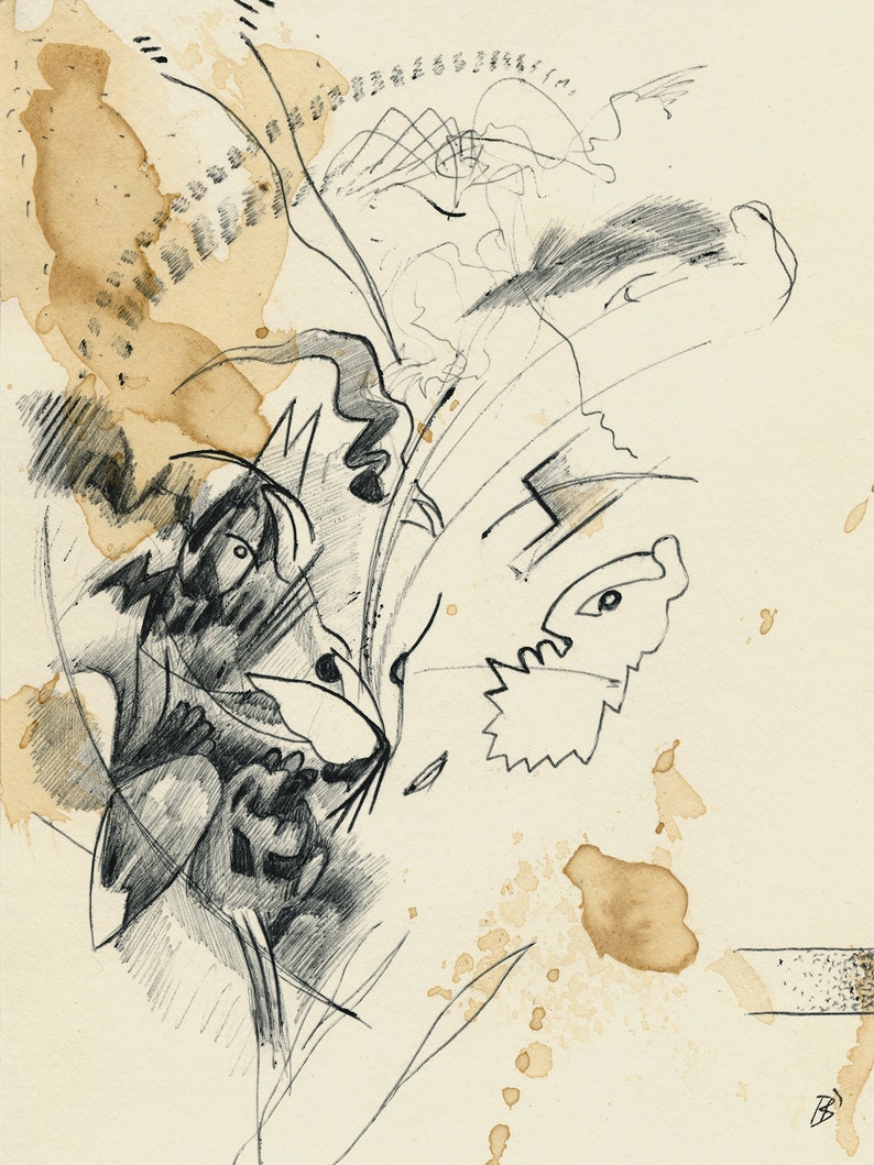 May include: A black and white pencil drawing on a cream-colored paper with brown coffee stains. The drawing features abstract shapes and lines, creating a sense of movement and energy.