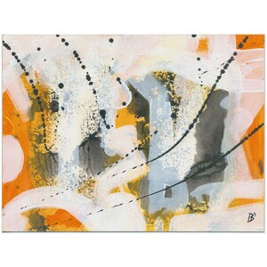 May include: Abstract painting with orange, white, and black paint splatters and brushstrokes. The background is a light pink color.