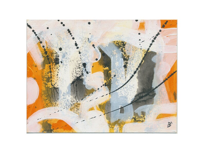 May include: Abstract painting with orange, white, and black paint splatters and brushstrokes. The background is a light pink color.