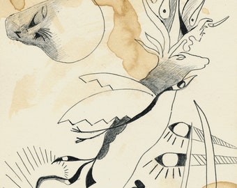 Unikat 24/18 cm (9,45/7,09 inch) Malerei mit Kaffee, Zeichnung mit Kugelschreiber, Original gezeichnet u. gemalt, Moderne Kunst Bild Gemälde