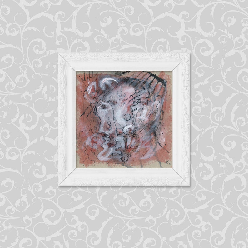 May include: A framed abstract painting of a face with black and white lines and a pink background.