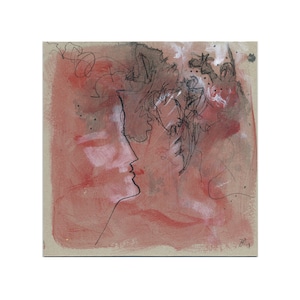 May include: Abstract painting with a red background and black line drawing of a face in profile. The face is surrounded by a swirling, abstract design.
