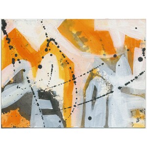 May include: Abstract painting with orange, white, and black paint. The painting has a textured surface and a bold, expressive style.