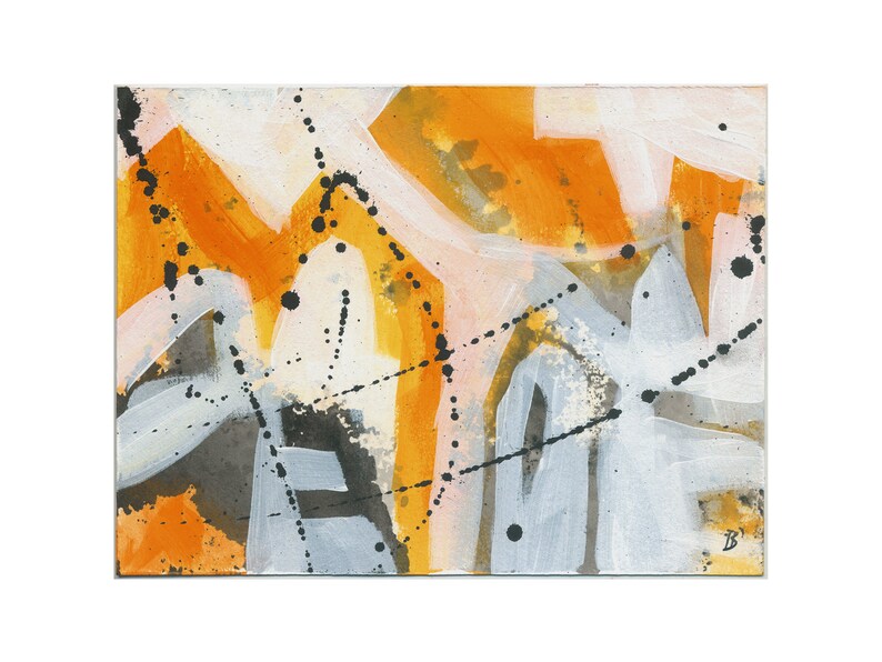May include: Abstract painting with orange, white, and black paint. The painting has a textured surface and a bold, expressive style.
