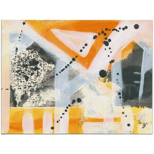May include: Abstract painting with orange, white, and black paint. The painting has a textured surface and a geometric design.