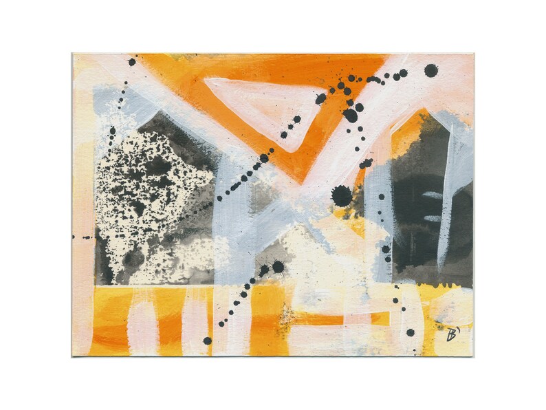 May include: Abstract painting with orange, white, and black paint. The painting has a textured surface and a geometric design.