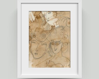 Mural, coffee, painting-drawing/people, lines, faces, spots, beige... Unique pieces directly from the artist Holger Barghorn Onlineshop