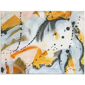 May include: Abstract painting with a white background and splashes of orange, yellow, and black paint.