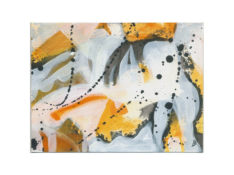 May include: Abstract painting with a white background and splashes of orange, yellow, and black paint.