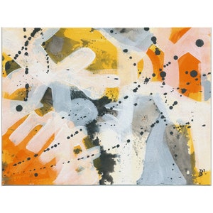 May include: Abstract painting with a mix of white, orange, yellow, gray, and black paint. The painting features a variety of shapes and textures, including splatters, brushstrokes, and dots.
