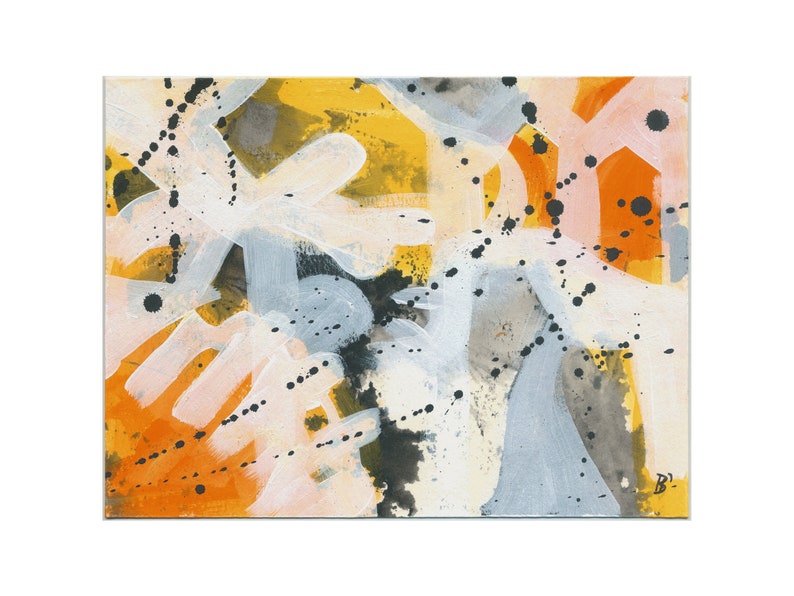 May include: Abstract painting with a mix of white, orange, yellow, gray, and black paint. The painting features a variety of shapes and textures, including splatters, brushstrokes, and dots.
