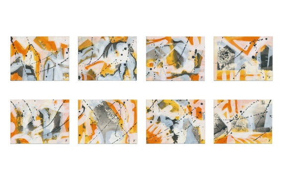 Meteoritenhagel in Orange County / 8-teiliges Unikat - 8x 15/20 cm, 8x 5,9/7,87 inch, 8-teiliges Originalgemälde, orangefarben
