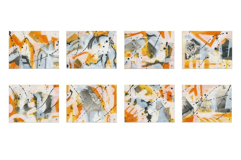 May include: Eight abstract paintings in a grid pattern. Each painting features a white background with orange, black, and gray abstract shapes and lines.
