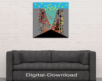 Download "Manege frei!" quadratisch, Punkte, Kugeln, rot, blau, Sterne, gelb, Malerei, Zeichnungen, Wandbild, Digitalbild von Kunst1Art