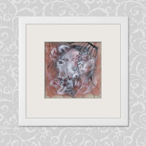 May include: Abstract painting of a face with black and white lines on a red background.