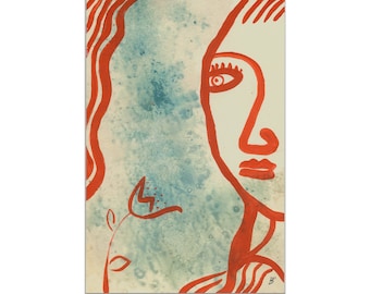 Unikat 30/20cm (11,8/7,87 inch) Bild, Linien, rot, Portrait, abstrakt, Kunst, Original, modern, schlicht, Malerei