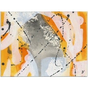 May include: Abstract painting with a yellow, orange, white, and gray background. The painting features black dots and lines throughout the composition.