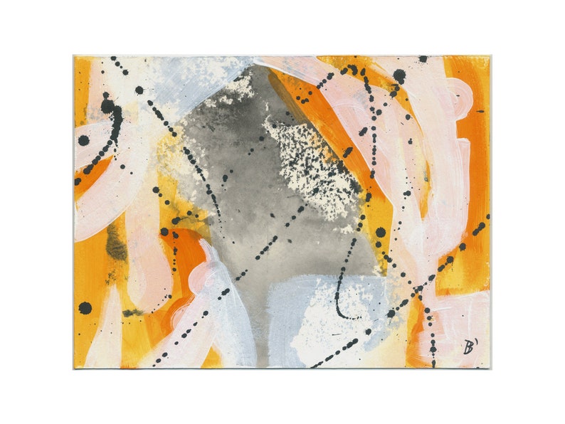 May include: Abstract painting with a yellow, orange, white, and gray background. The painting features black dots and lines throughout the composition.