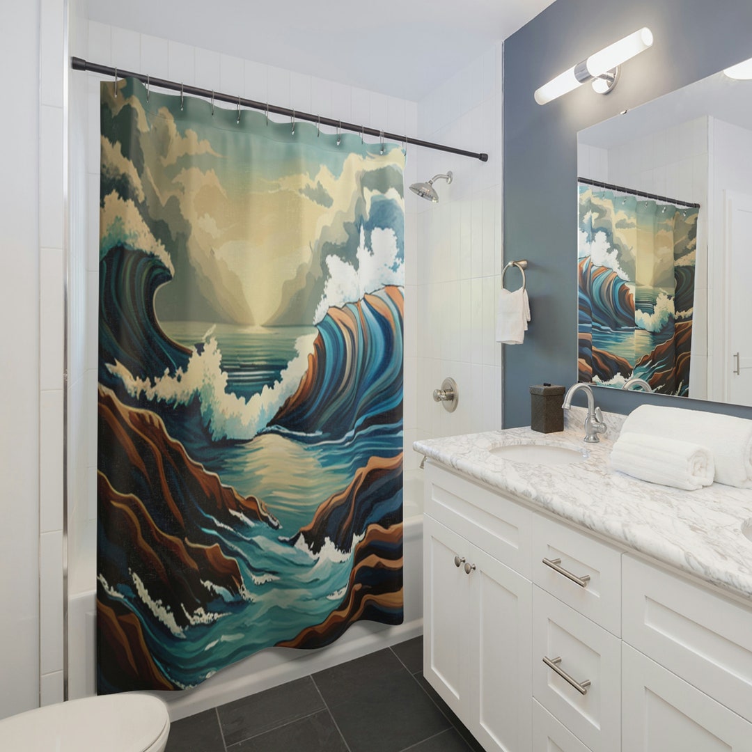 Beach Decor Shower Curtains Teal and Brown With Waves Etsy