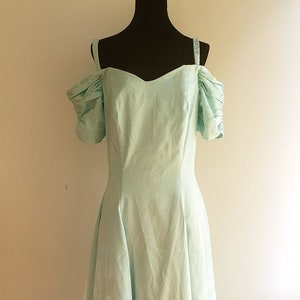 Floral Satin Pastel Blue 1990&#39;s Midi Cocktail Dress Off the Shoulder with Gathered Sleeves and Petticoat.