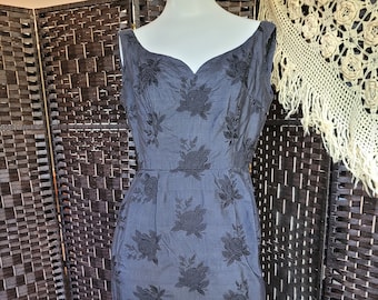 Vintage 1960's Pencil Cocktail Dress with Rose Print Floral Charcoal and Black with Low Back Wiggle Dress