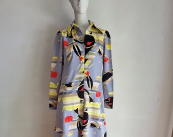 Bold Collared Long Sleeve 1970's Vintage Maxi Dress with Strong Abstract Pattern Grey, Black, Red and Yellow