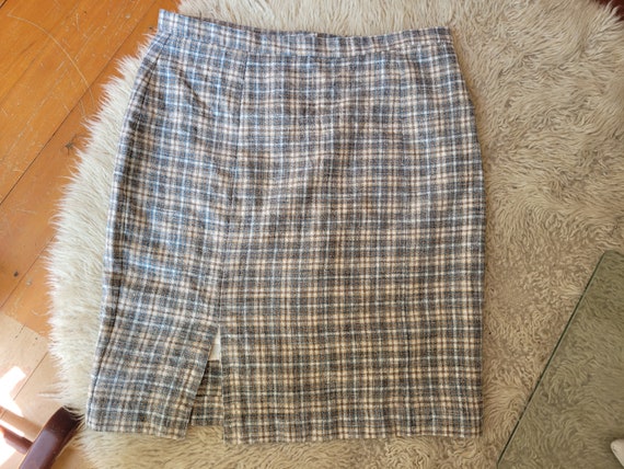 Vintage Light Brown and Blue Check Plaid Straight Skirt With Small Split at the Front Home Sewn XL Etsy
