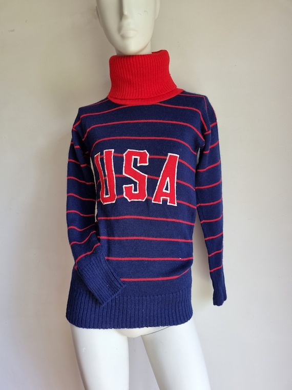 Vintage USA Turtleneck Stripe Knit Pure Wool Cher… - image 1