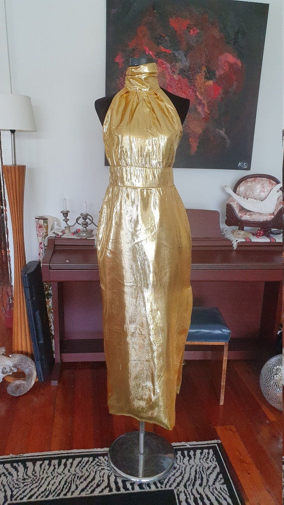 Metallic Gold Disco 1970's Gown Halter neck with T
