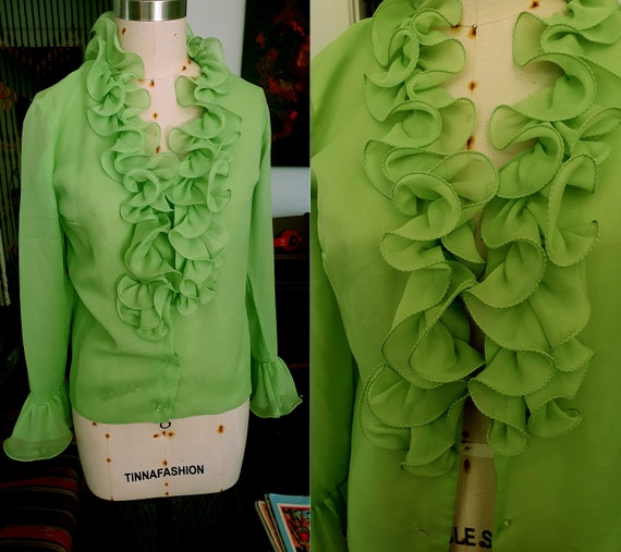 Rare Groovy 1960's Ruffled Poet Blouse Neon Green