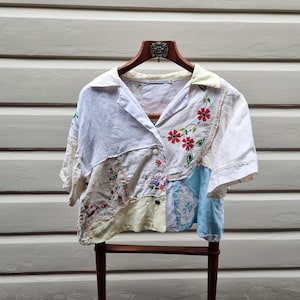 Chosen Stranger Handmade Upcycled Linens Patchwork Cropped Blouse Shirt &lt;3 One of A Kind, Recycled Fabric, Made in Aus &lt;3 Sustainable