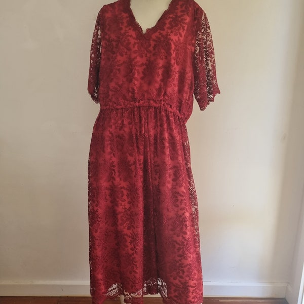 Ruby Red Lace Victorian Inspired Dropped Waist 1980's Lace Evening Dress