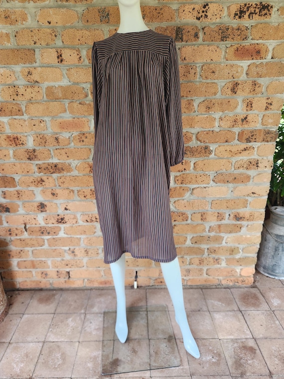 Multi-Coloured Muted Rainbow Stripe 1970s Long Sleeve Midi Dress