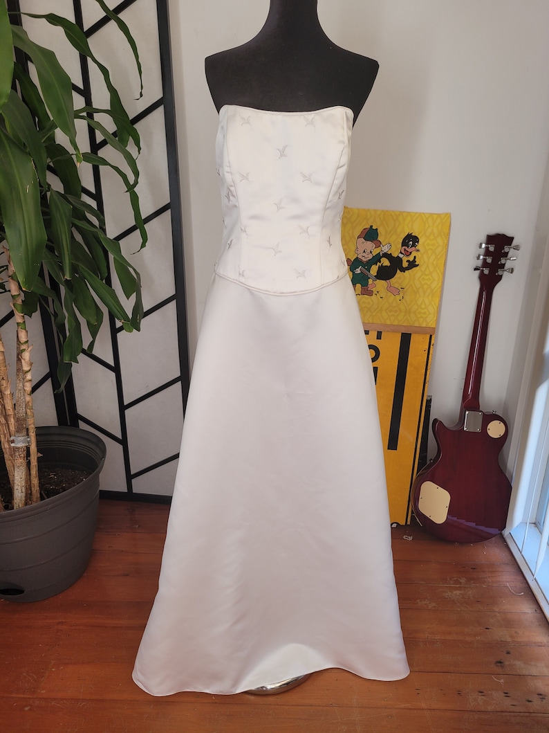 Perfect Vintage sold Bridal Y2K 1990's Satin Strapless Gown Dress with Sweet Textures Floral Details Strapless Mr K Wedding Formal