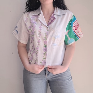 Chinchen St Handmade Upcycled Linens Patchwork Cropped Blouse Shirt &lt;3 One of A Kind, Recycled Fabric, Made in Aus &lt;3 Sustainable Fashion