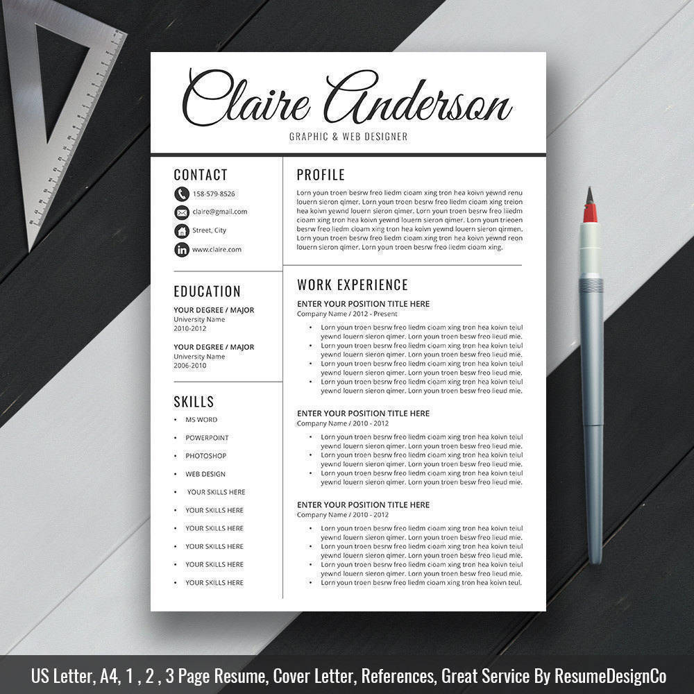 Simple Resume Template Cv Template For Microsoft Word Cover Etsy
