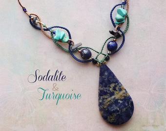 "Sodalite & Turquoise -" water lily fine macrame jewelry pendant necklace