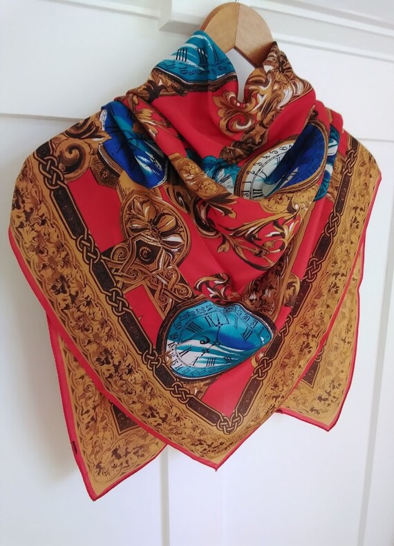 Clock Vintage Scarf Square | Floral Print | Baroque Pattern  Colorful Clock Motif Scarf display picture 1