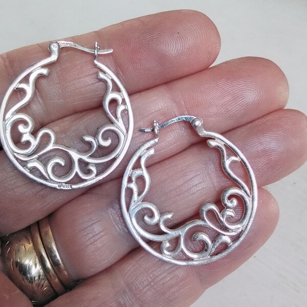 Sterling 925 filagree hoops, boho, 90s // sterling hoops, openwork, swirls, extravagant, 1990s