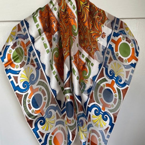 Lanvin Paris silk scarf, bold geometric and baroque style print, 90s // French designer, silk jacquard, cheery elegant print, 1990s