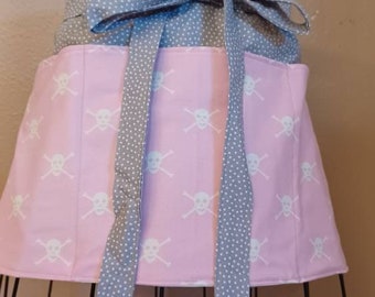 Pink Pirate Skull 3 pocket apron,  server apron, waitress apron, Vendor apron,  half apron, waist apron