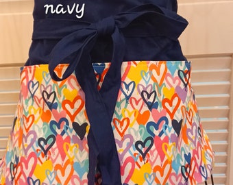 Colorful hearts 3 pocket apron, server apron, waitress apron, teacher apron, Vendor apron, waist apron, half apron