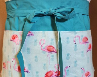 Flamingos and Pineapples 3 pocket apron, server apron, teacher apron, waist apron, vendor apron, half apron, waitress apron