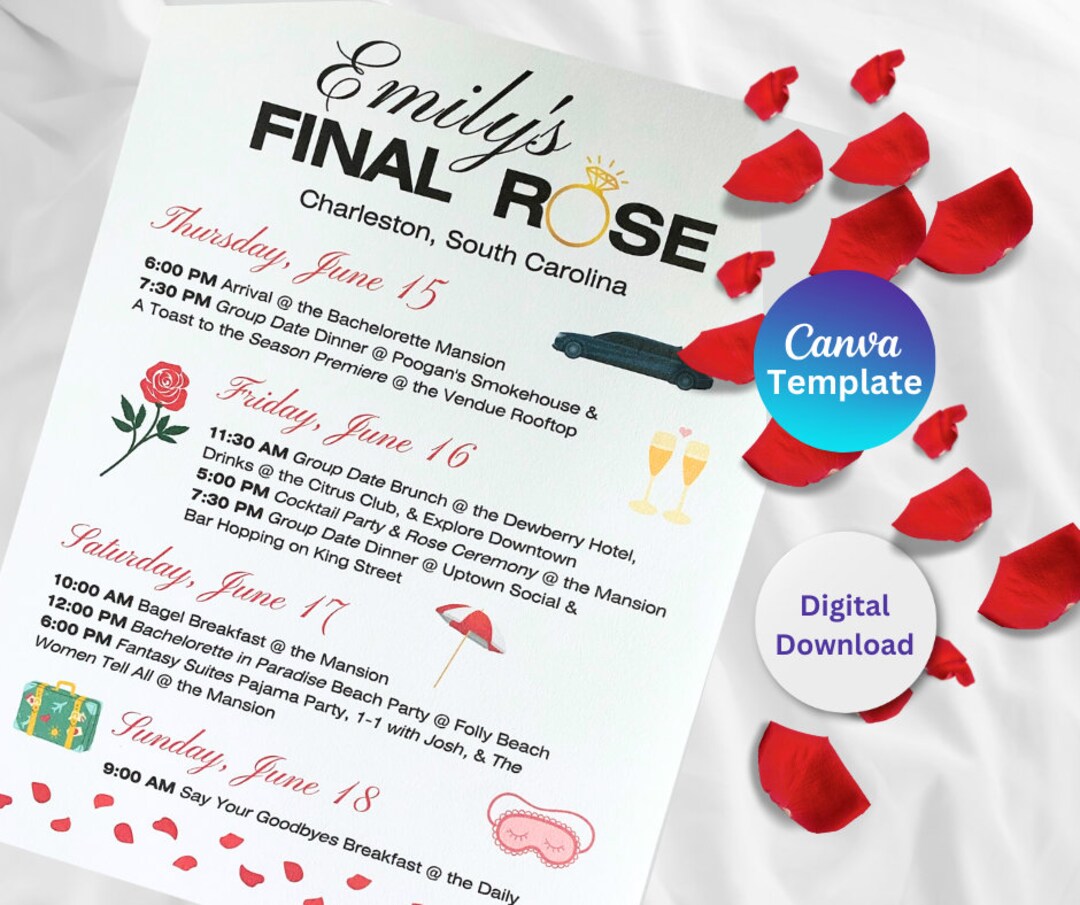 Editable Bachelorette Party Itinerary "_________'s Final Rose" - Etsy