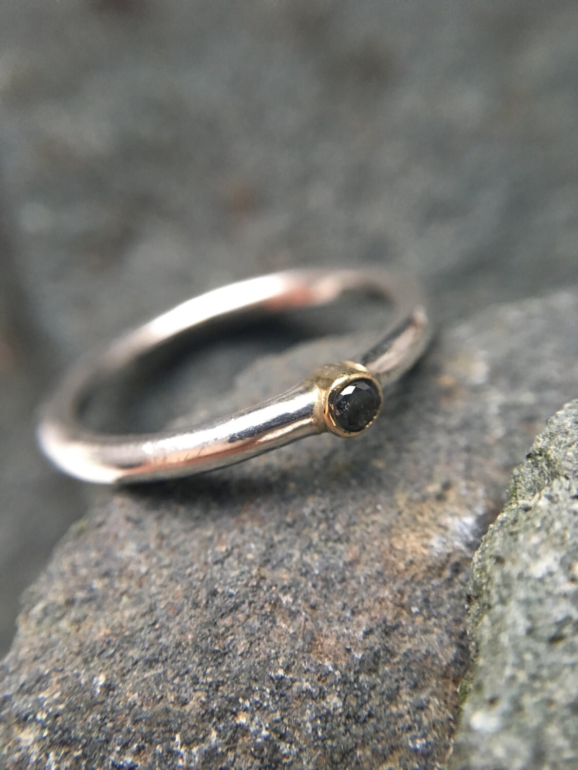Black diamond stacking ring with 18ct gold setting