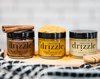 Honey Taster Trio | Drizzle Honey, Local Canadian Honey, Honey Gifts, Tea Gifts, Food Gift Box, Sweetener, Sustainably Made, Bee Friendly